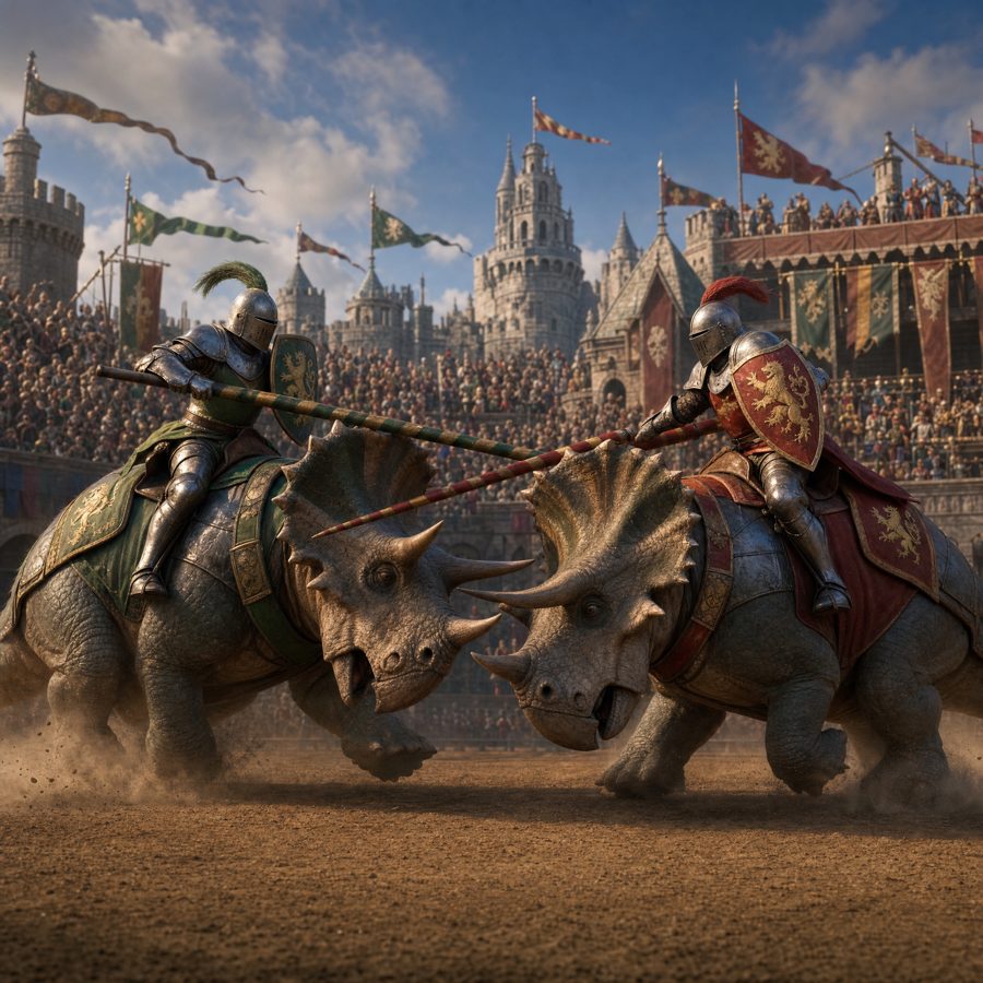 Avalonia — knights jousting on triceratops